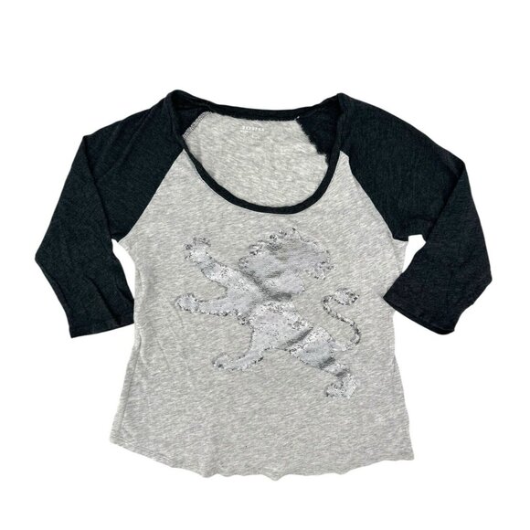 Express Womens Silver Sequin Lion Tee Size Small T-Shirt Baseball Sleeves Grey - Picture 10 of 11